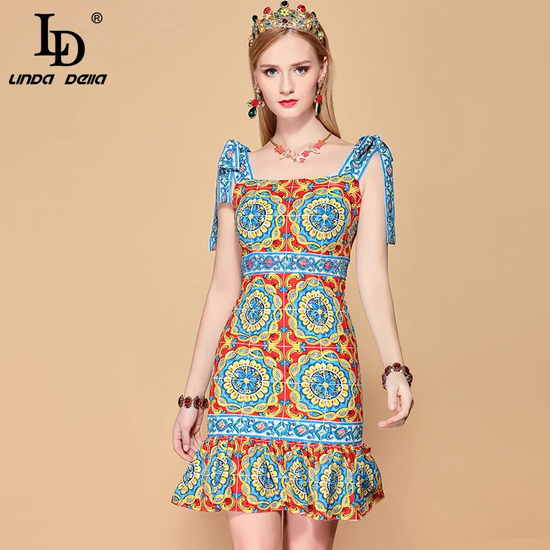 

LD LINDA DELLA 2019 Fashion Runway Summer Dress Women's Bow Belted Gorgeous Floral Print Ruffles Sexy Party Slim Elegant Dress