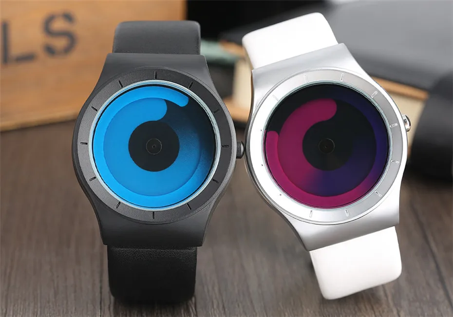 Fashion Mens Watch Leather Analog Quartz Sport Wristwatch Creative Cool Blue Ocean Steel Clock Relogio Masculino Spiral Turntable Swirl Hour Clock Female (68)