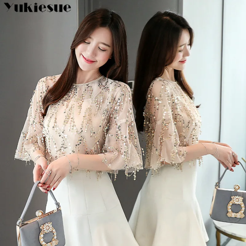 الترتر الشيفون قميص بلوزة فام النساء blusas قمصان 2019 قصيرة الأكمام أنيق فائق camisas موهير إمرأة البلوزات و قمم