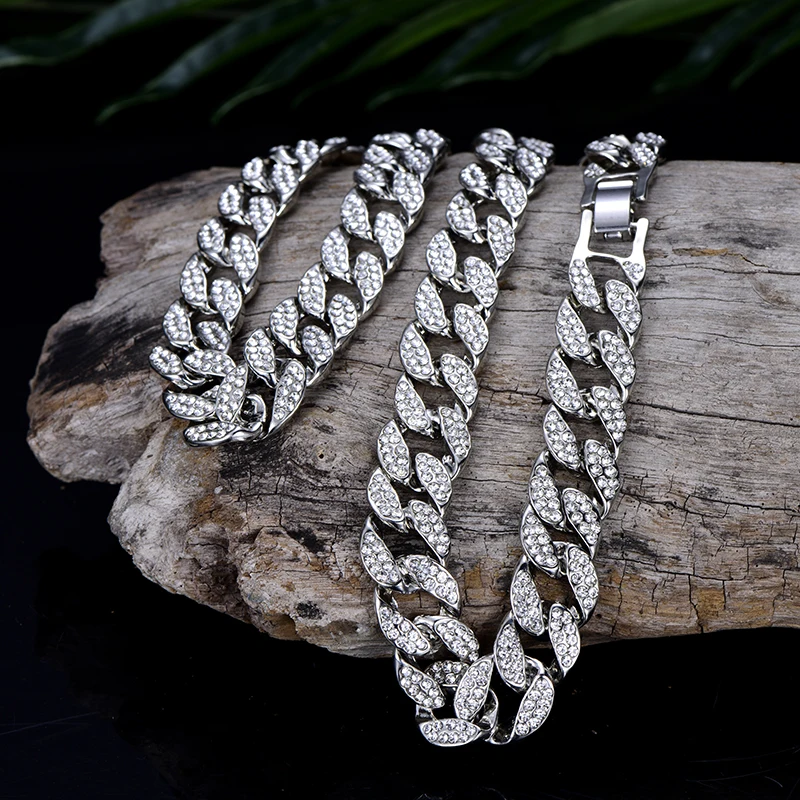 Iced Out Bling Rhinestone Gold Silver Miami Curb 16 MM Cuban Link Chain Necklace Men's Hip Hop Necklace Jewelry 16/18/20/24 Inch