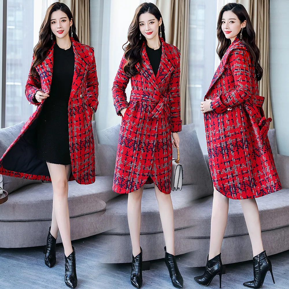 LXUNYI 4XL Autumn Plaid Women Wool Coat Female Jacket Long Autumn 2018 Belt Red Green Ladies Overcoat Outwear Coats Plus Size