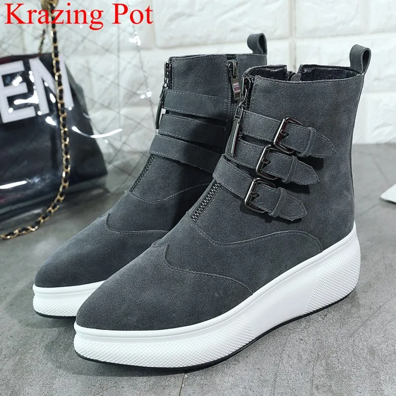 

2018 superstar cow suede wedge women ankle boots pointed toe casual thick bottom buckle strap platform mujer winter shoes L3f7