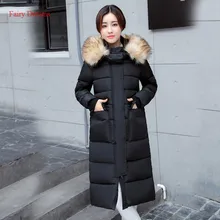 Fairy Dreams Women Long Jacket 2017 Winter Coat Made Of Goose Feather Slim Down Parka Fur Pockets Green Black Plus Size Clothing