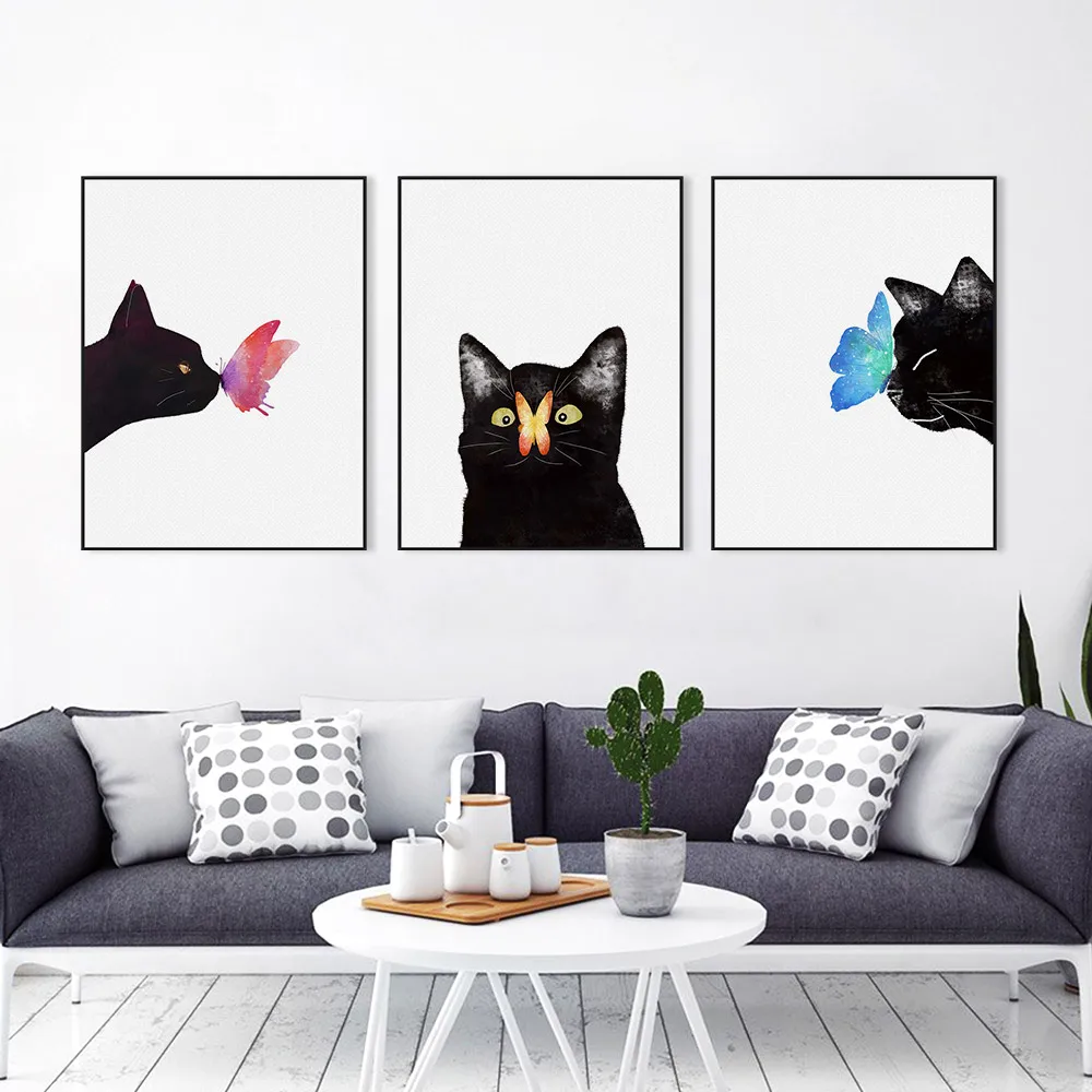 Watercolor-Triptych-Modern-Animal-Cat-Butterfly-Canvas-A4-Art-Print-Poster-Nordic-Wall-Picture-Kids-Room