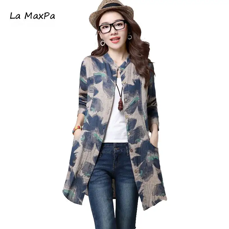 

Long Shirt Women 2018 Autumn New Cotton Linen Blouse Print Female Shirts Ladies Tops Women Clothing Camisa Feminina M/L/XL/XXL