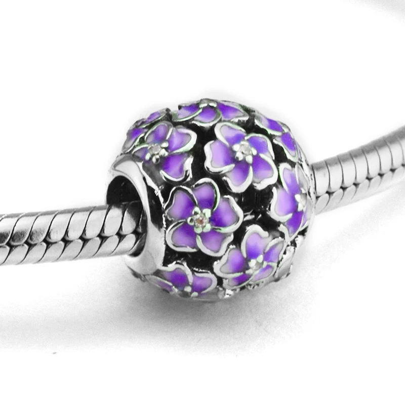 

Fit Pandora Bracelets DIY Beads for Jewelry Making Sterling-Silver-Jewelry Purple Plumeria Blossom Silver 925 Charms Berloque
