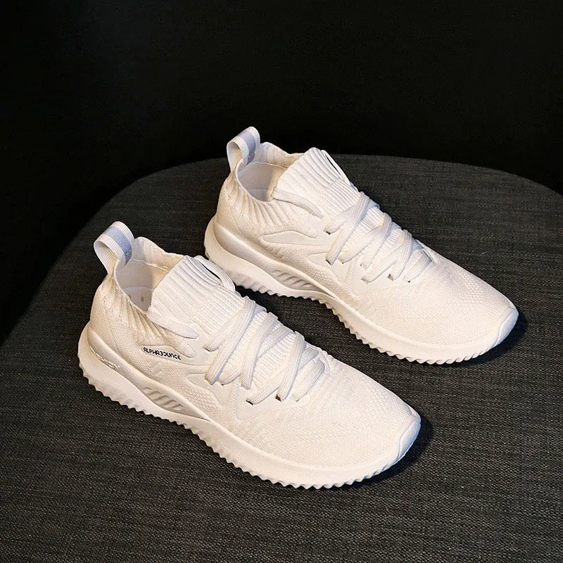 Women Knitting Stretch Flat Shoes White Lace Up Vulcanized Platform Fashion Mesh Ladies Female Light Breathable Footwear