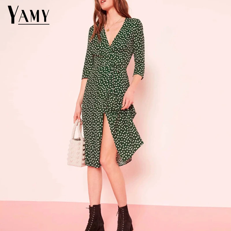 Винтажное зеленое платье с цветочным принтом boho Платье женское коротким рукавом