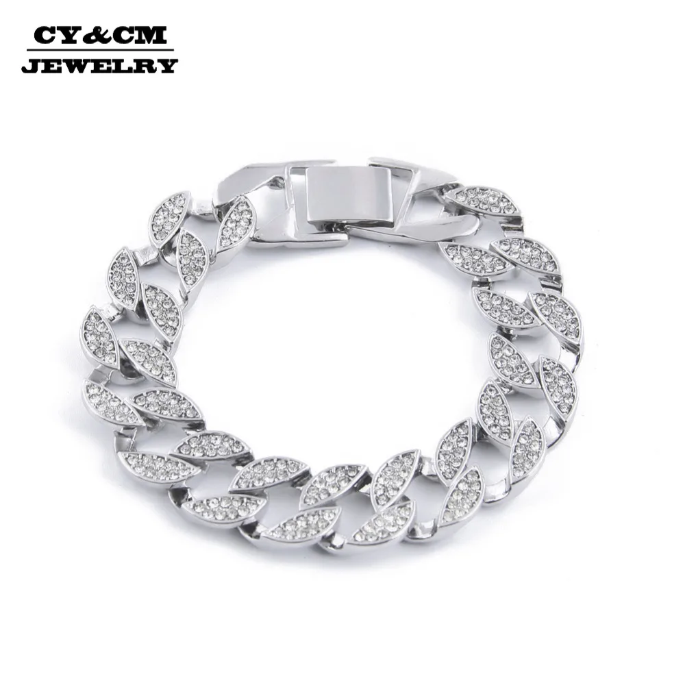 

CY&CM 15mm Men Bracelet Silver Color Zinc Alloy Hip Hop Bangles Fully Iced Out Rhinestone Miami Cuban Chain Bracelet Fashion