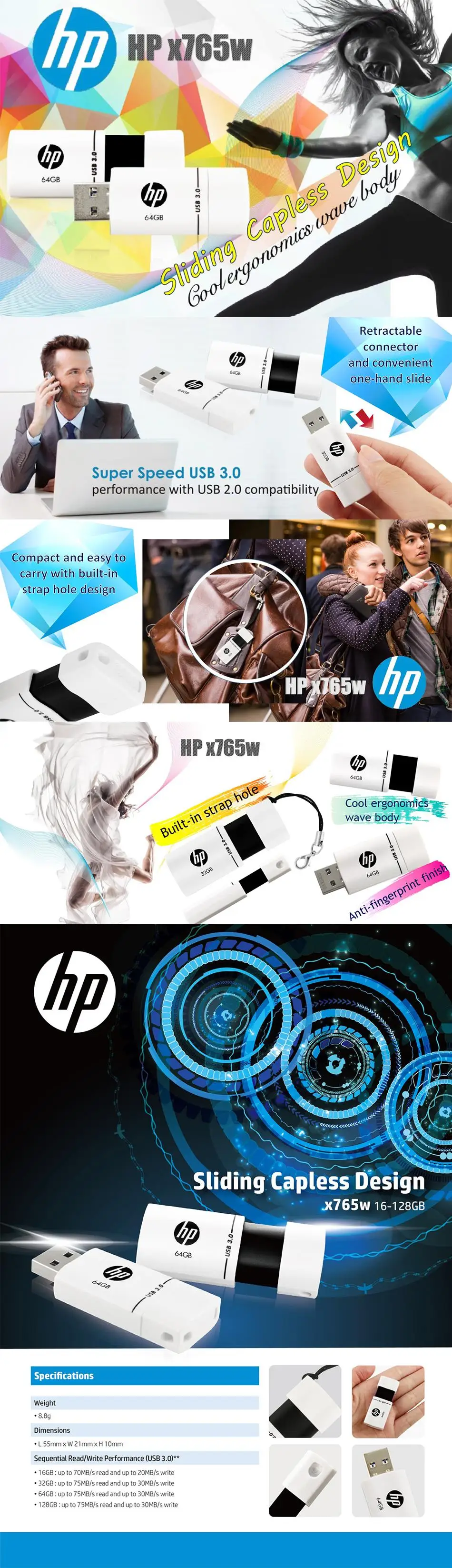 Hp USB 3,0 флеш-накопитель 16 ГБ 32 ГБ 64 ГБ 128 ГБ USB флеш-накопитель выдвижной флеш-накопитель кольцо Память память USB X765W