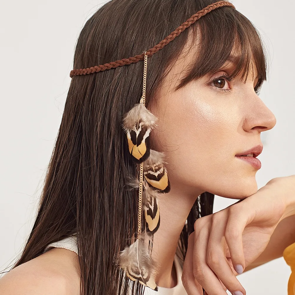 Bohemian Hair Accessories For Women Ethnic Weave Rope Chain Feather