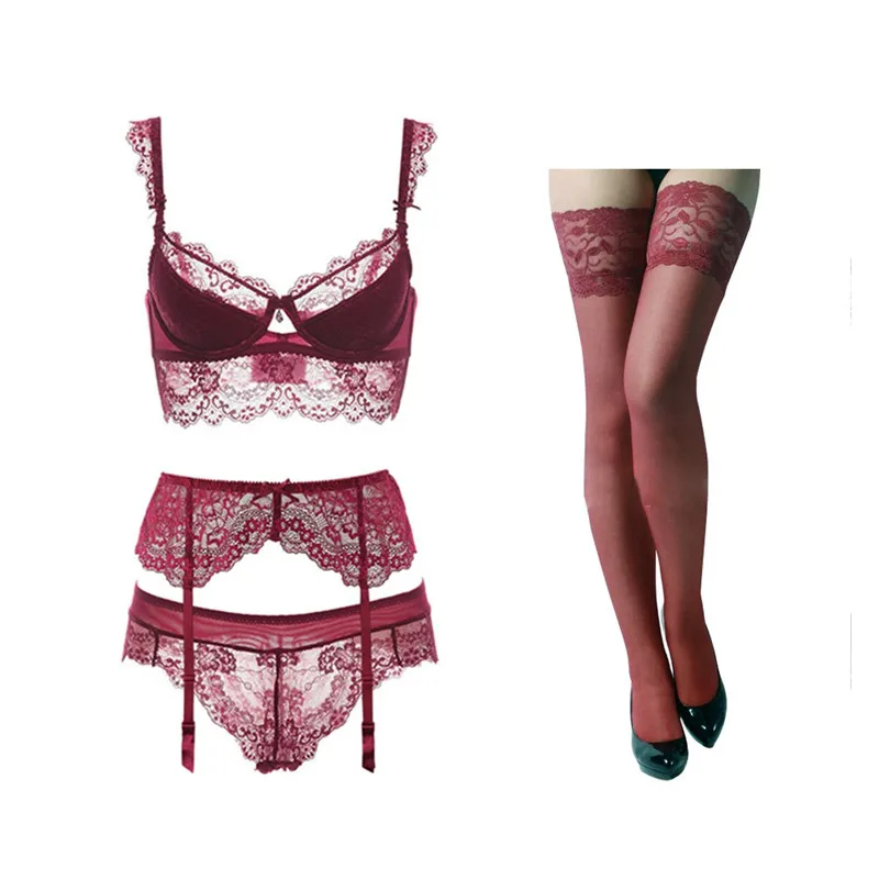 matching bra and panties Varsbaby sexy floral lace underwire push up lingerie set 4pcs/lots bra+panties+garter+stockings sexy bra and panty set Bra & Brief Sets