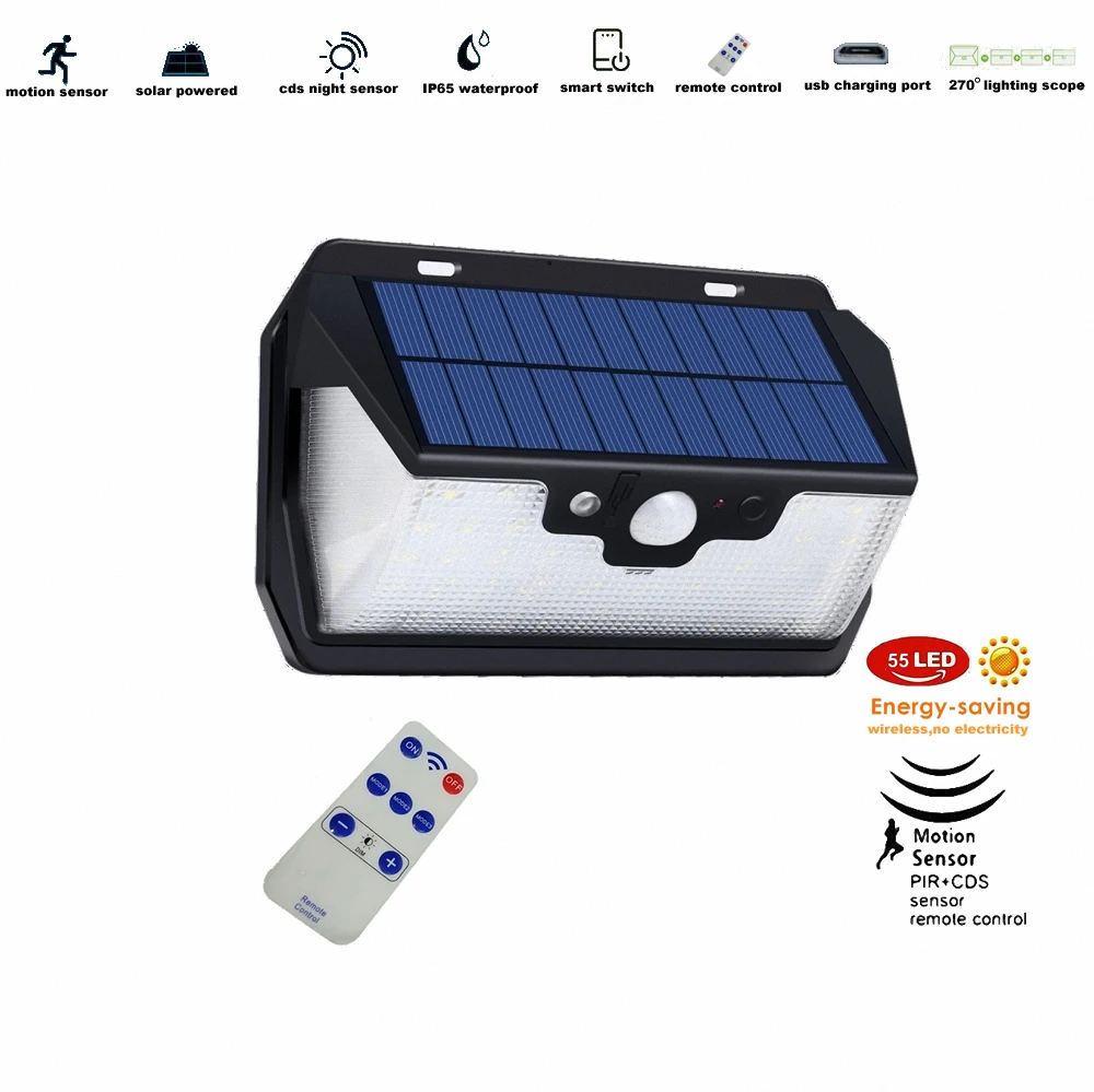 

3pcs/lot 55 leds Solar light remote control radar 3 side lighting usb port 2018 New Solar lamp waterproof Outdoor Garden Yard Em