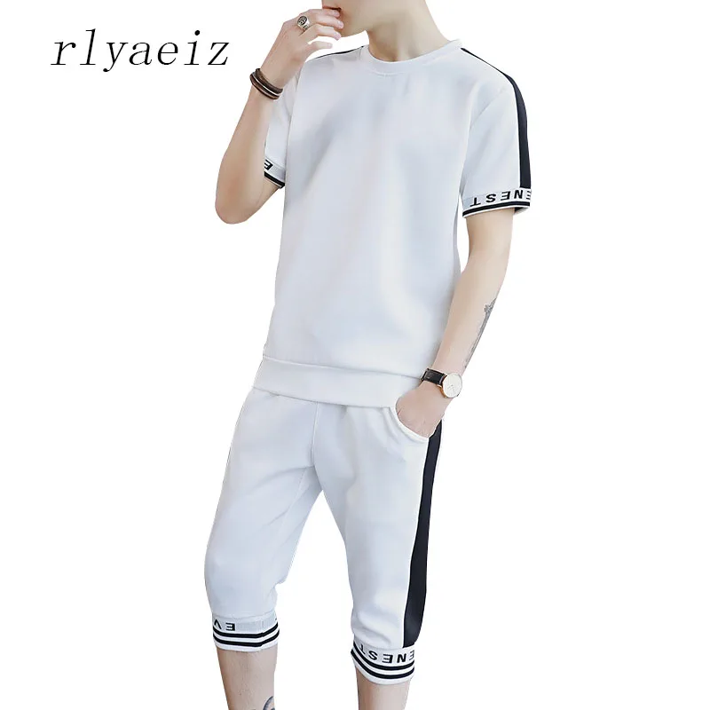 

Rlyaeiz Sporting Suits Men 2018 Brand New Summer Set Men Tracksuit Striped Short-sleeve T shirts + Shorts Sets Casual Sweat Suit