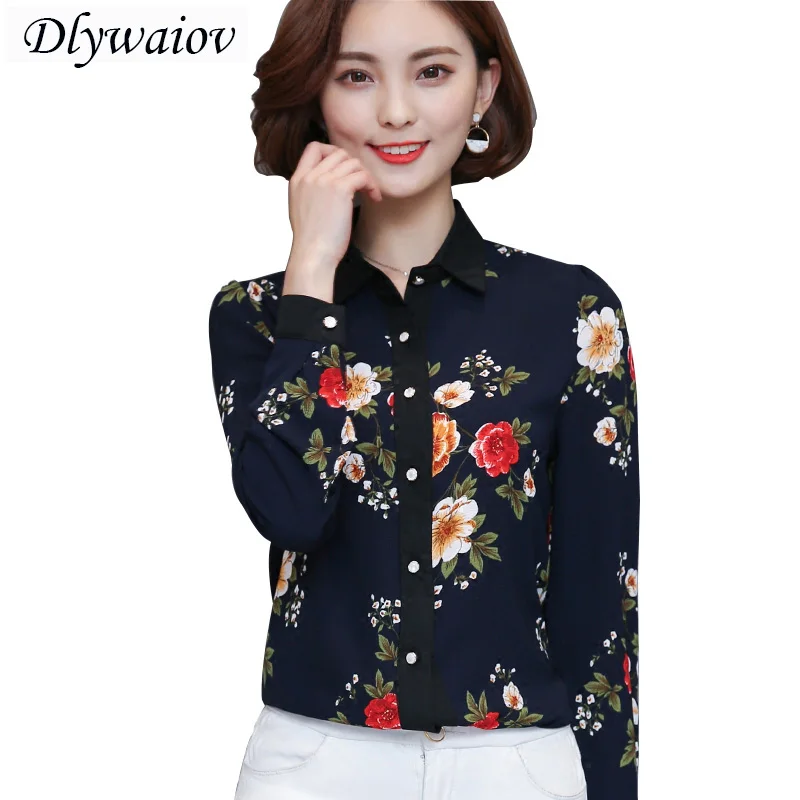 

Women Tops OL Chiffon Shirt Long Sleeve Button Blouse Elegant Flowers Printing Female Slim Large Size Fashion Chiffon Blouse