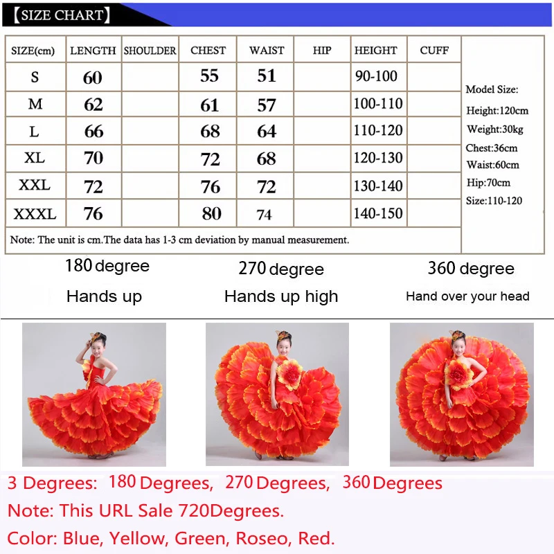 Детский танцевальный костюм для фламенко, расширенное платье, синий, красный, розовый, желтый, зеленый, 360 градусов