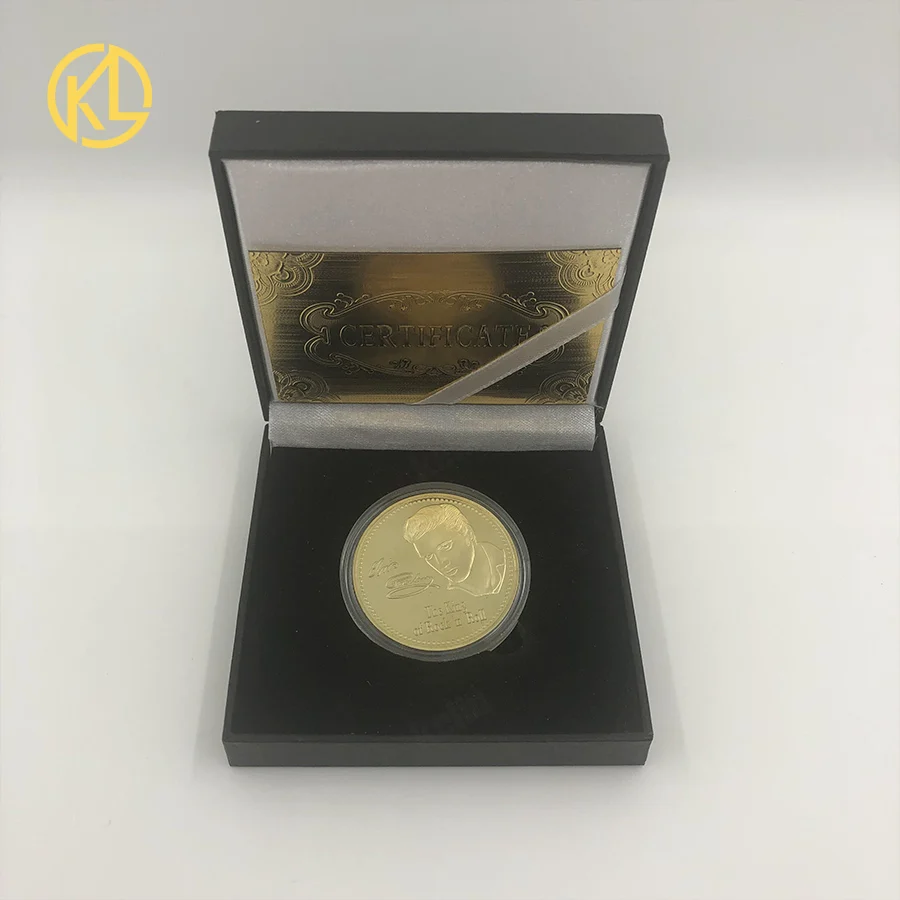 Элвис Пресли позолоченный мета памятная монета Король рок 'n' ролл Золотая монета для коллекции сувенир с Милая подарочная коробка - Цвет: Set