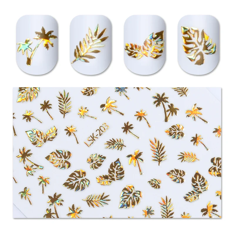 

1 Sheet Holographic Gold Sliver 3D Nail Sticker Coconut Tree Leaf Adhesive Nail Decal Stickers Nail Art DIY Design Decoration