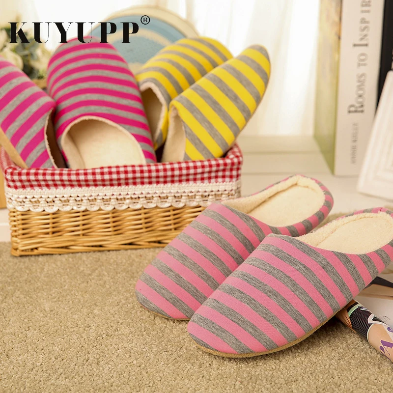 

Flat With Women Winter Indoor Slippers Striped Cotton Fashion Casual Home Shoes Non-slip Warm Ladies Slippers Footwear KBT1092