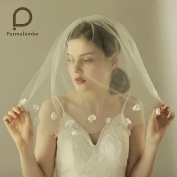

Parmalambe Short Tulle Handmade Flower Pearls Wedding Veil One Layer Shoulder Length Bridal Veils With Comb Wedding Accessories