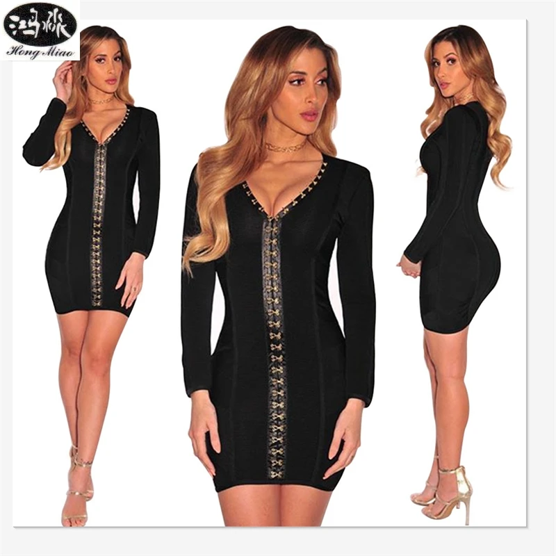 2018 Women Spring Sex Dress Long Sleeves Pencil Hip Black Fashion Dress