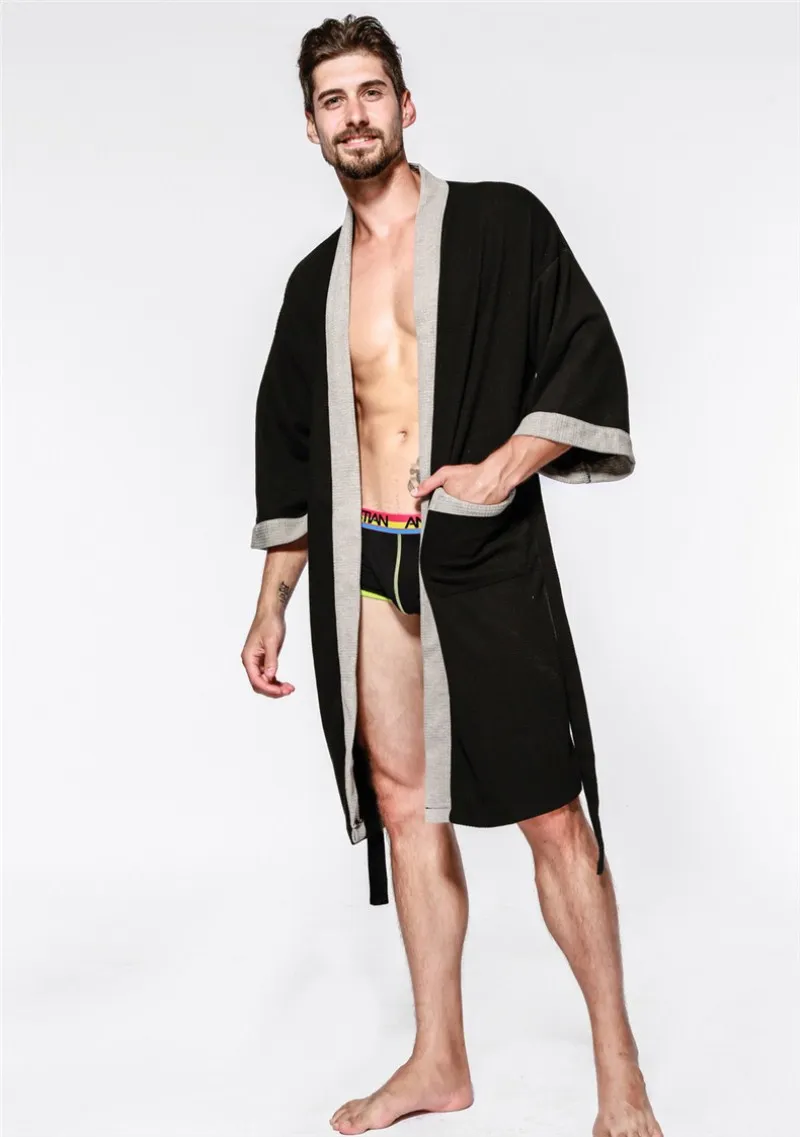 Вафельные халаты на весну и зиму осень Повседневное хлопок Мужская Ночная рубашка кимоно Банный халат с поясом элегантный спа ванна Для