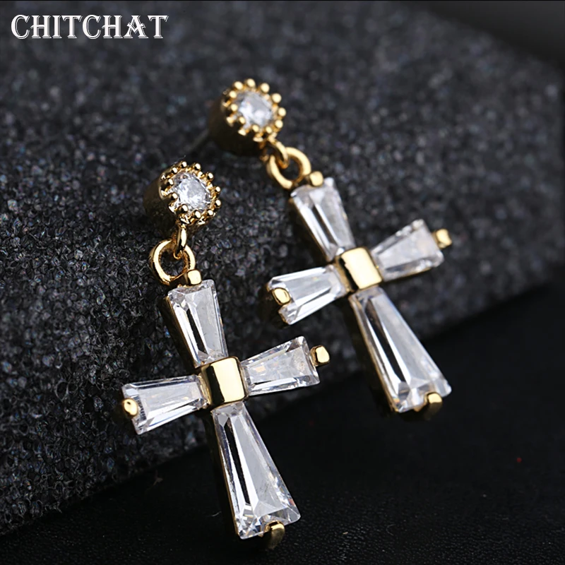 

AAA CZ Simple Fashion Women Jewelry Drop Crystal Earrings Cross Shape Vintage Silver Gold Color For Women Crosses Earring Gifts