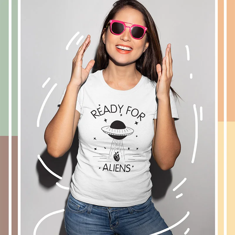 الغريبة T قميص مضحك النساء الصيف الجدة طباعة س الرقبة قصيرة الأكمام قمم قمزة الإناث 100% القطن الفتيات UFO التي شيرت
