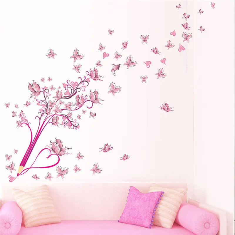 2018 New Hot Beautiful Girls Pink Butterfly Decor Living Room wall stickers on the wall decoracion stickers home decor