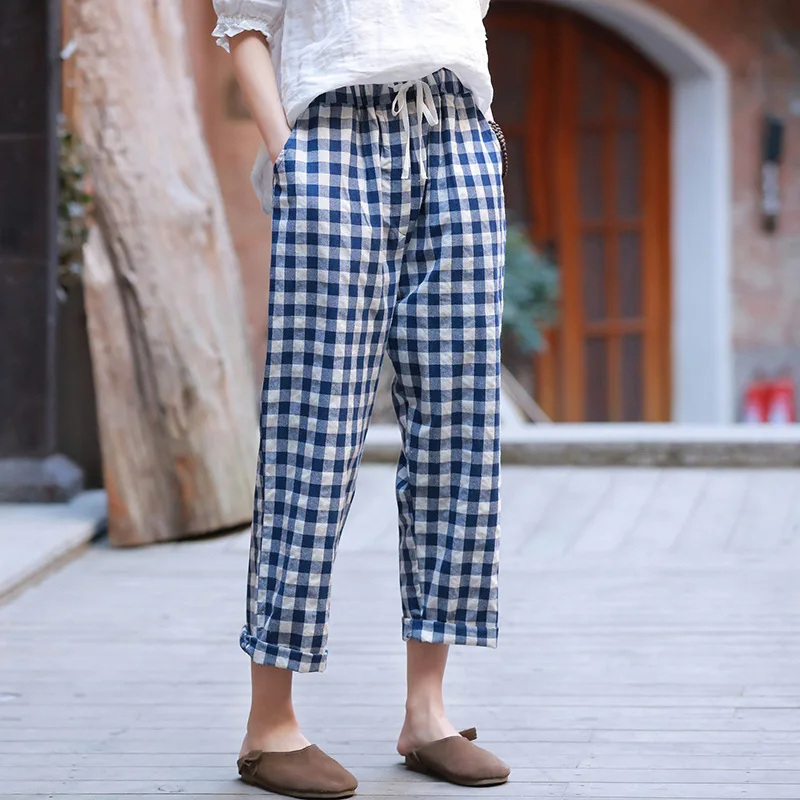 

New Plaid Style Cotton Linen Belt Women Pants Spring Summer Casual Ankle Length Women Plaid Pants