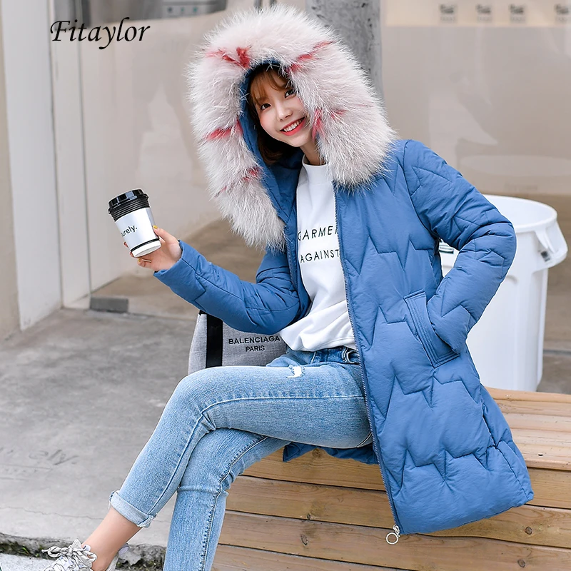 

Fitaylor Women Down Cotton Padded Jackets Medium Long Hooded Parka Plus Size 3xl Warm Big Faux Fur Collar Loose Snow Outerwear