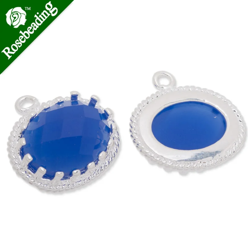 

15.5x16.5mm framed glass,metal framed glass,Faceted glass,royal blue,connectors,gemstone bezel,Sold 5pcs/lot-C3678