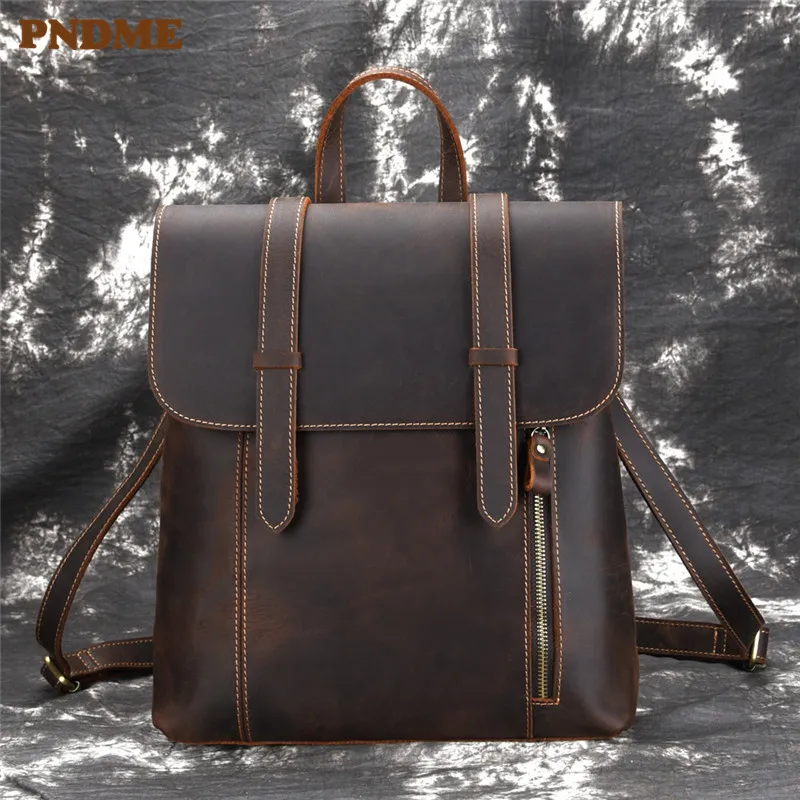 

PNDME high quality crazy horse leather men's backpack vintage simple outdoor large capacity genuine leather student schoolbag