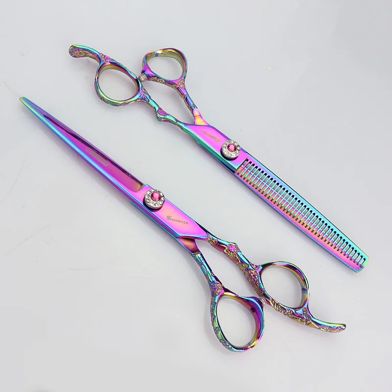 7 inch 2pc Профессиональные ножницы для стрижки волос 7 дюймов 6 дюймов сливовый цвет зерна стрижка ножницы Thinning ножницы, салон в комплекте - Цвет: 7 inch 2pc