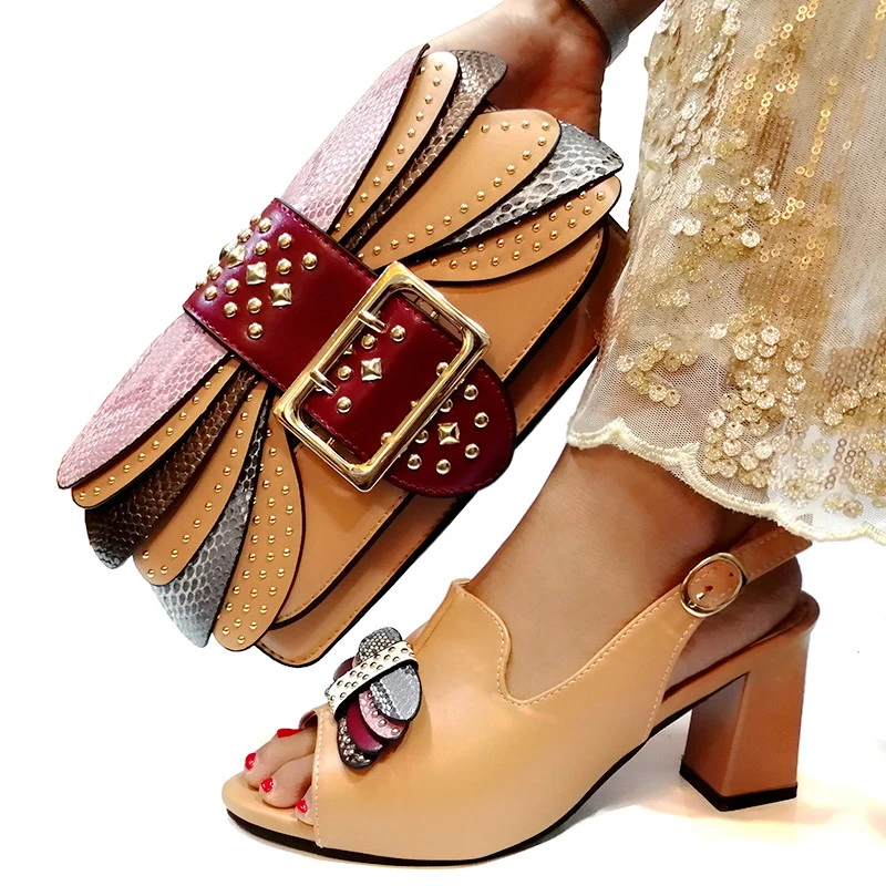 2019 khaki Color Ladies Shoes with Matching Bags Set Shoe and Matching