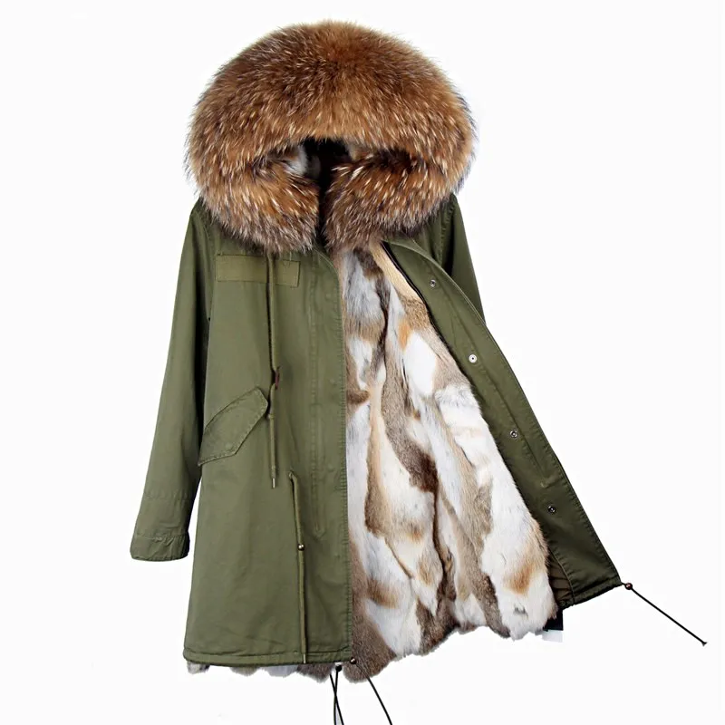 MAO KONG 2019 abrigo largo moda mujer lujosa piel de mapache Abrigo con capucha gruesa real rex conejo forro | Женская одежда