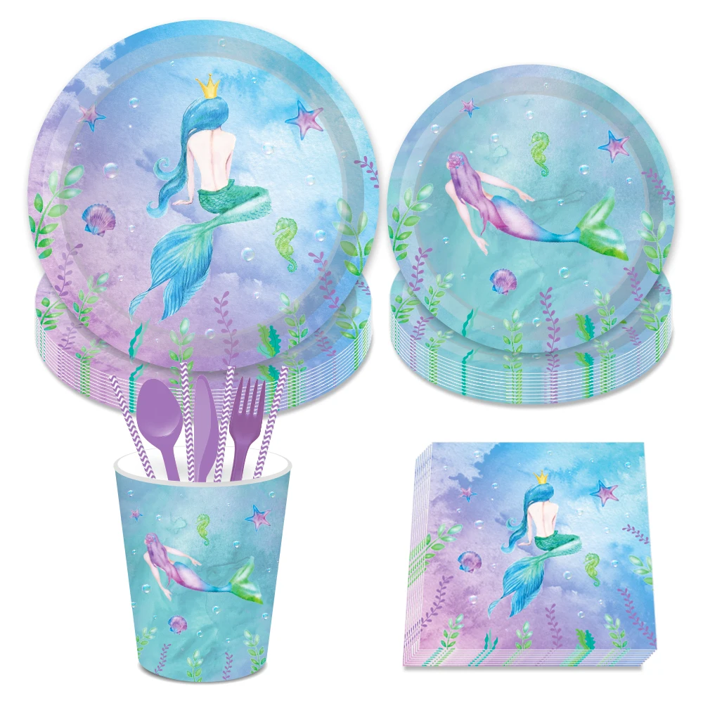 

Little Mermaid Theme Party Decorations Sets Plates Napkins Cups Disposable Tableware Birthday Wedding Baby Shower Party Favors