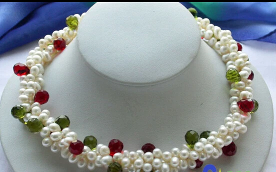 

FREE SHIPPING2ROW WHITE RICE PEARL GREEN RED DRIP CRYSTAL NECKLACE p2324