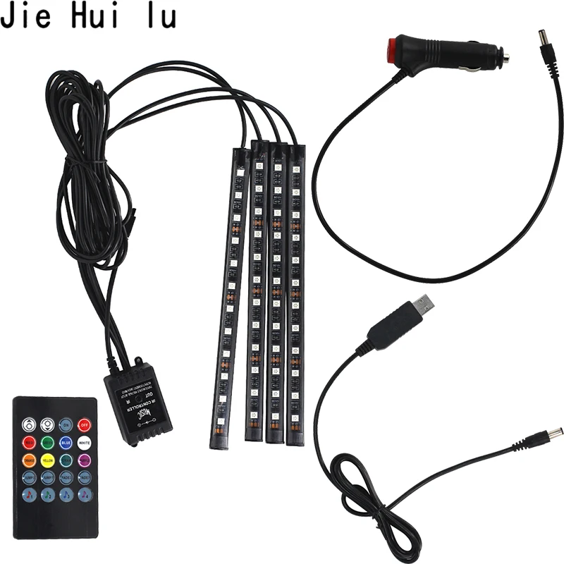 

Wireless Remote Music Voice Sound Control Car RGB LED Flash Neon Interior Light Lamp Strip Dash Floor Atmosphere Lights 4pcs/set