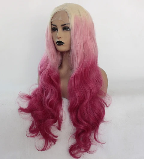 Blonde Ombre Pink Lace Front Wig Synthetic Long Body Wave Wavy Fancy Female Wigs-12