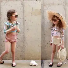 Летние комплекты одежды для купания для маленьких девочек кружевные шорты с оборками и защитой от солнца шапочка для плавания, комплект из 3 предметов, детские пляжные купальники для отдыха