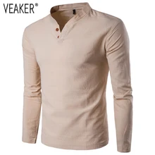 Новинка осени, мужские льняные футболки, мужские дышащие льняные хлопковые футболки с длинным рукавом, одноцветные Топы в китайском стиле, футболки 5XL