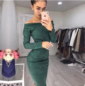 

long sleeve slash neck suede dresses autumn winter women new fashion Christmas party solid high waist elegant dress
