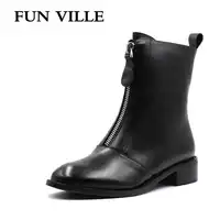 FUN VILLE 2017 New Autumn winter Women Ankle Boots Genuine leather Hign quality Martin boots Flat shoes for woman Round Toe