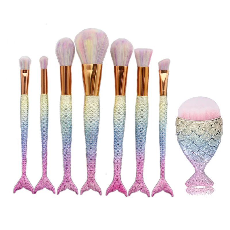 

8Pcs  Mermaid Shaped Makeup Brush Set Big Fish Tail Foundation Powder Eyeshadow  Contour Blending Cosmetic Brushes