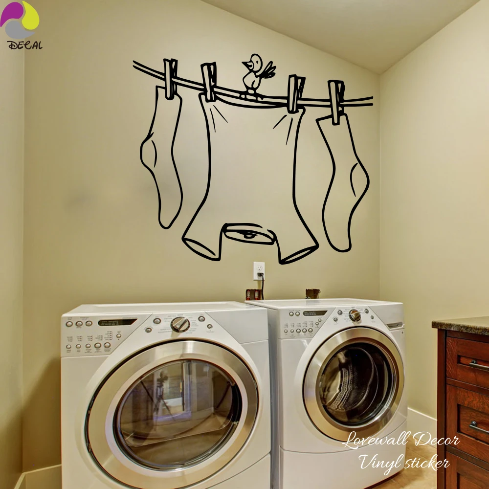 Laundry Room знак стену Стикеры симпатичная одежда линии с птица настенные Laundry Room с винил домашнего украшения стены Книги по искусству росписи DIY