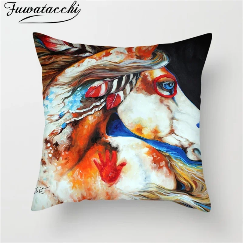 

Fuwatacchi Animal Oil Painting Cushion Cover Dog Panda Horse Deer Tiger Chicken Pillow Cover for Home Chair Decor Pillowcases