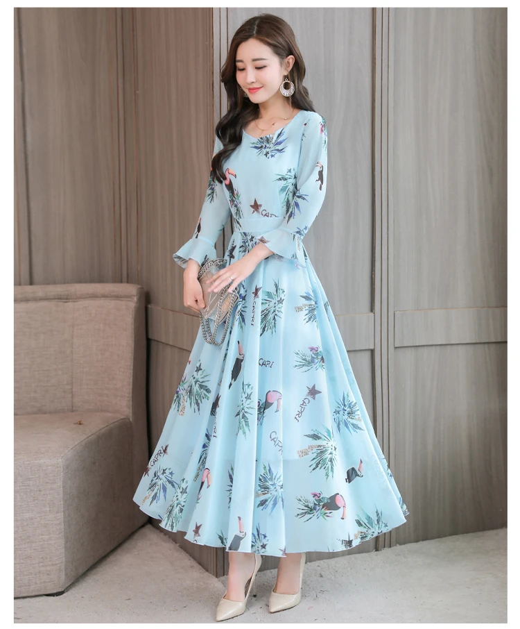 High quality Autumn New Arrival Plus Size S-XXXL Fashion V Collar Flare Sleeve Flower Printed Woman Long Chiffon Dress