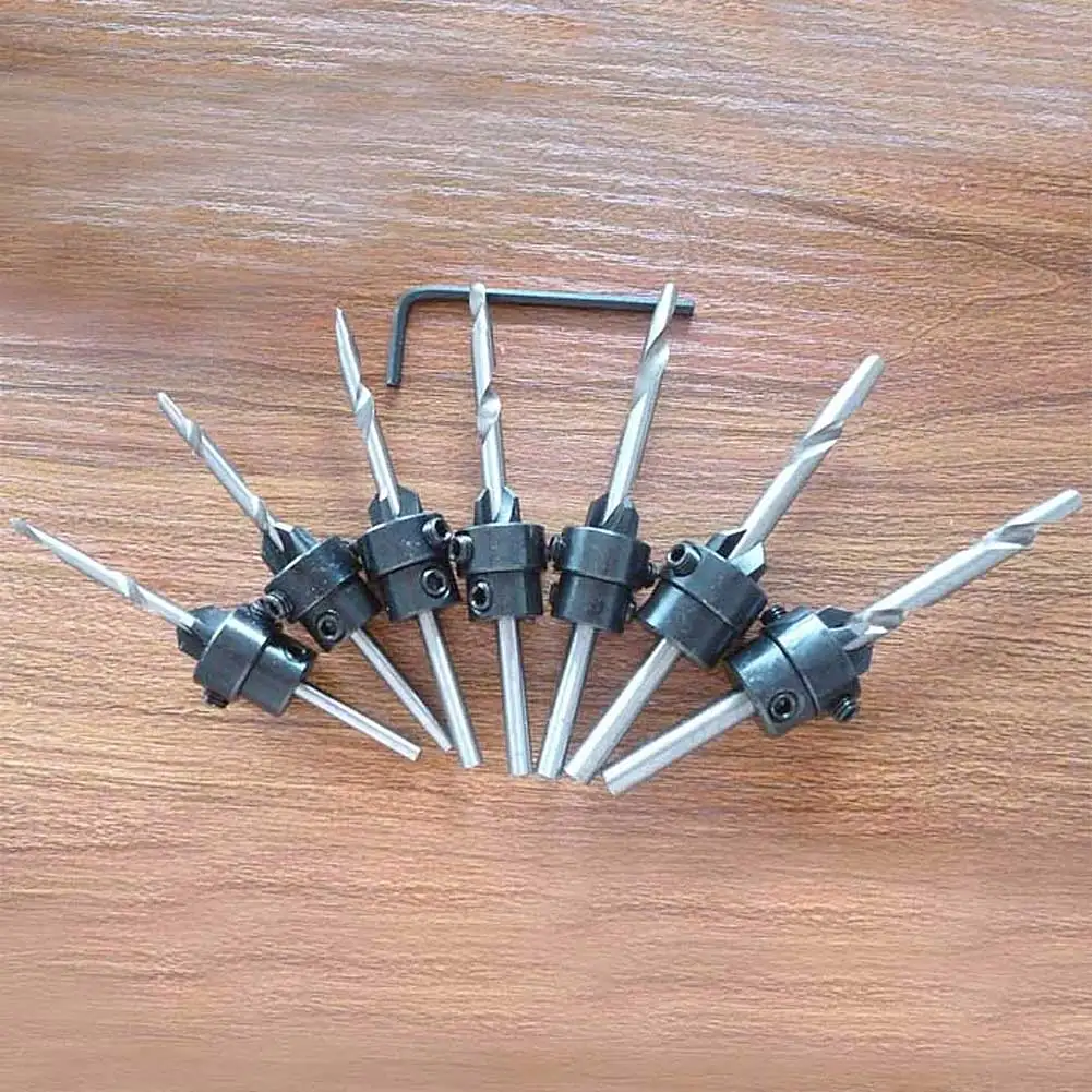 7pcs Woodwork Tapered Screw Countersink Drill Bits Set Woodworks Depth Stop Collar Pilot Hole Bits Collar Wood Tools+ wrench Set