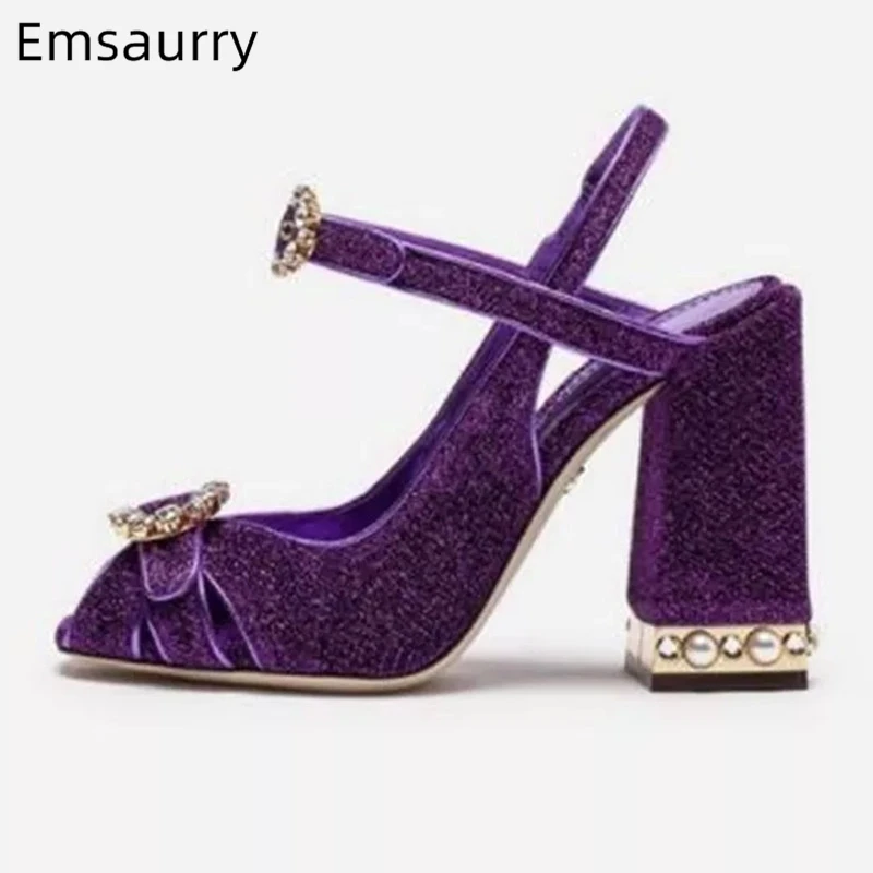 

Round Crystal Buckle Gladiator Sandals Women Sexy Peep Toe Chunky Heel With Rhinestone Luxury Velvet 2019 Summer Shoes Woman